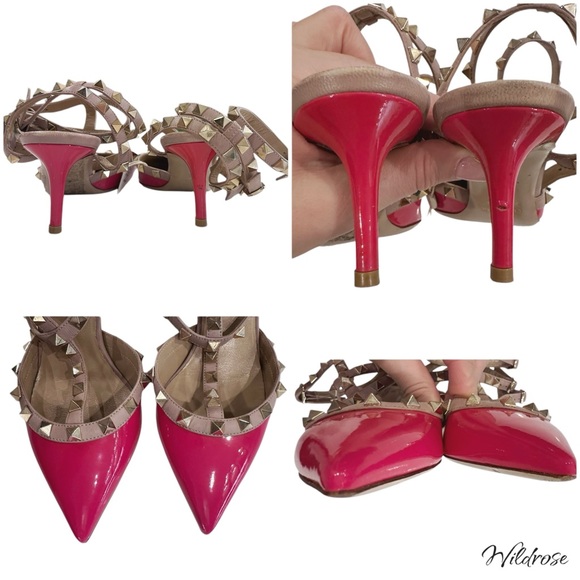 VALENTINO GARAVANI NAPPA PATENT LEATHER HOT PINK ROCKSTUD ANKLE STRAP HEELS SZ 5 - Picture 16 of 17